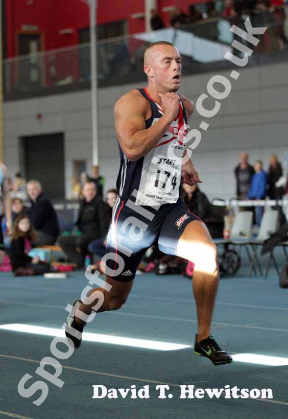 Richard Kilty winning the 60 metres with a championship record, North East Indoor Champs, Gateshead.